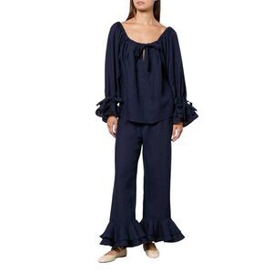 Sleeper Womens/Ladies Linen Puff Sleeve Loungewear Set / Navy